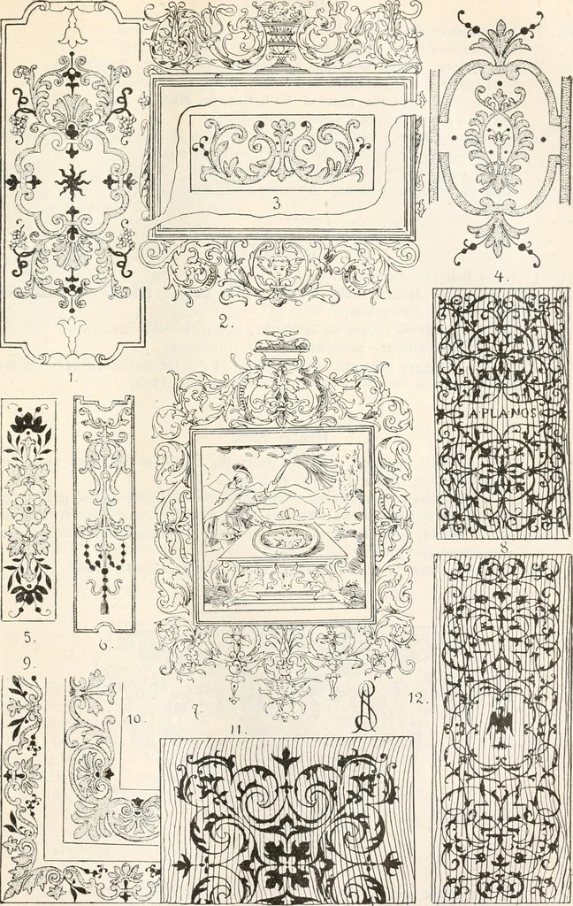 An illustration from Styles of ornament, exhibited in designs, and arranged in historical order, with descriptive text. A handbook for architects, designers, painters, sculptors, wood-carvers, chasers, modellers, cabinet-makers and artistic locksmiths as well as also for technical schools, libraries and private study, 1910, leaf 386
