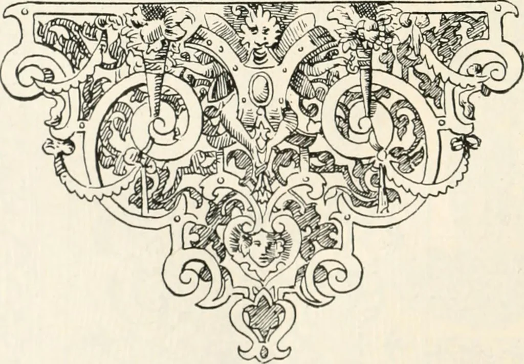 An illustration from Styles of ornament, exhibited in designs, and arranged in historical order, with descriptive text. A handbook for architects, designers, painters, sculptors, wood-carvers, chasers, modellers, cabinet-makers and artistic locksmiths as well as also for technical schools, libraries and private study, 1910, leaf 387