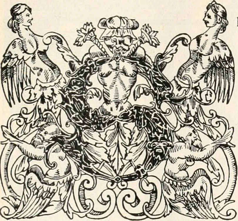 An illustration from Styles of ornament, exhibited in designs, and arranged in historical order, with descriptive text. A handbook for architects, designers, painters, sculptors, wood-carvers, chasers, modellers, cabinet-makers and artistic locksmiths as well as also for technical schools, libraries and private study, 1910, leaf 388