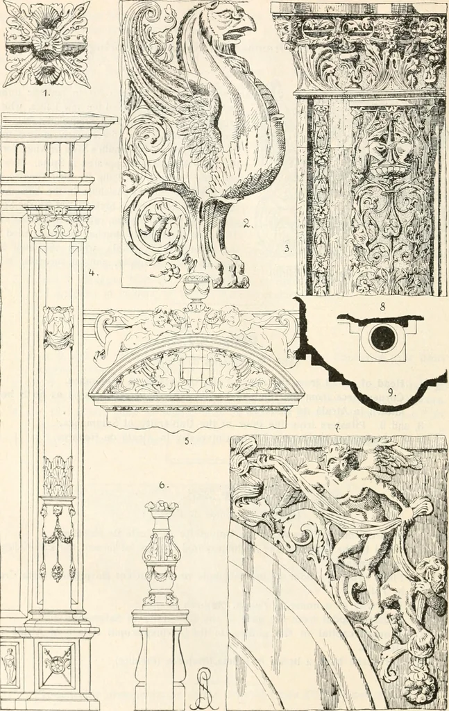 An illustration from Styles of ornament, exhibited in designs, and arranged in historical order, with descriptive text. A handbook for architects, designers, painters, sculptors, wood-carvers, chasers, modellers, cabinet-makers and artistic locksmiths as well as also for technical schools, libraries and private study, 1910, leaf 389