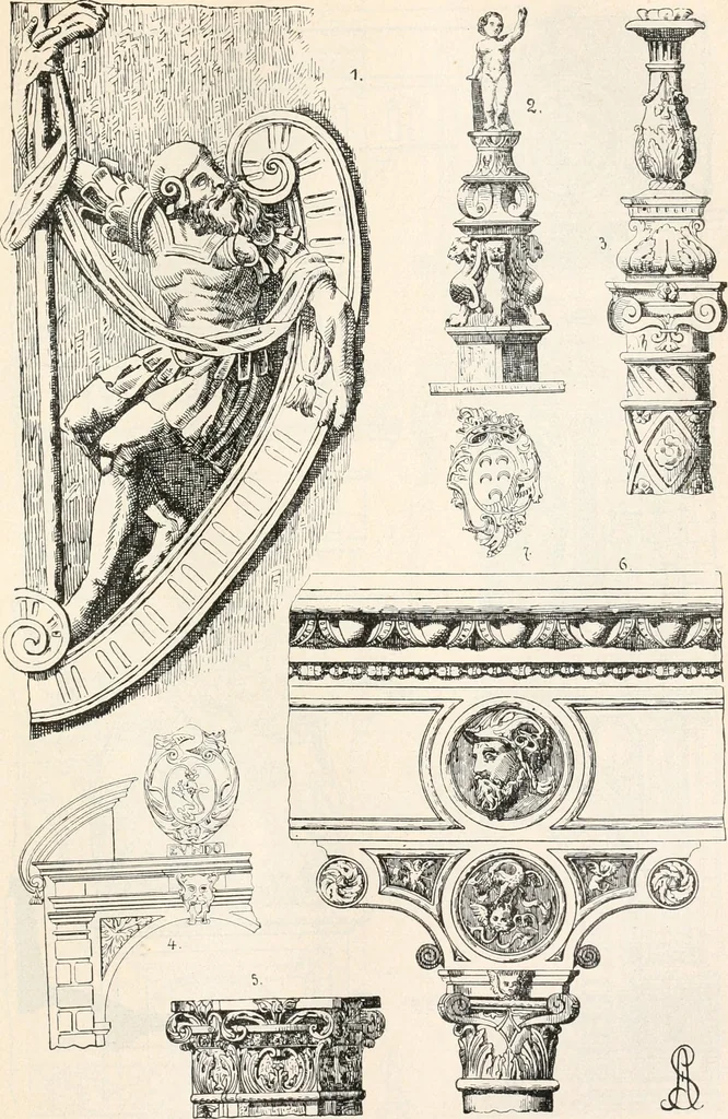 An illustration from Styles of ornament, exhibited in designs, and arranged in historical order, with descriptive text. A handbook for architects, designers, painters, sculptors, wood-carvers, chasers, modellers, cabinet-makers and artistic locksmiths as well as also for technical schools, libraries and private study, 1910, leaf 390