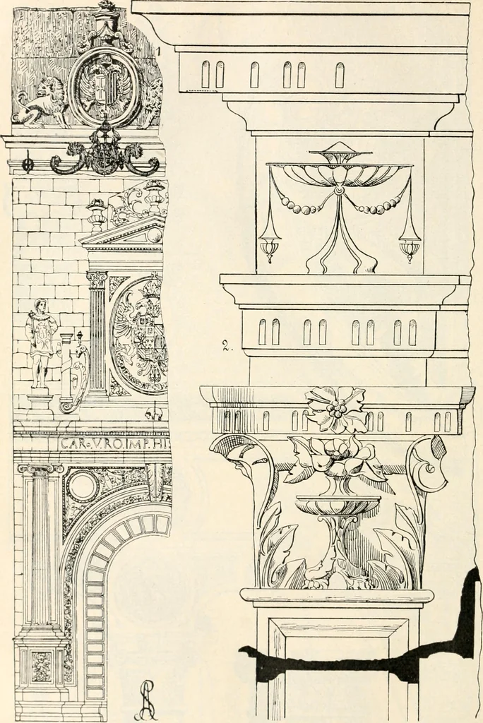 An illustration from Styles of ornament, exhibited in designs, and arranged in historical order, with descriptive text. A handbook for architects, designers, painters, sculptors, wood-carvers, chasers, modellers, cabinet-makers and artistic locksmiths as well as also for technical schools, libraries and private study, 1910, leaf 391