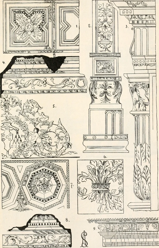 An illustration from Styles of ornament, exhibited in designs, and arranged in historical order, with descriptive text. A handbook for architects, designers, painters, sculptors, wood-carvers, chasers, modellers, cabinet-makers and artistic locksmiths as well as also for technical schools, libraries and private study, 1910, leaf 392