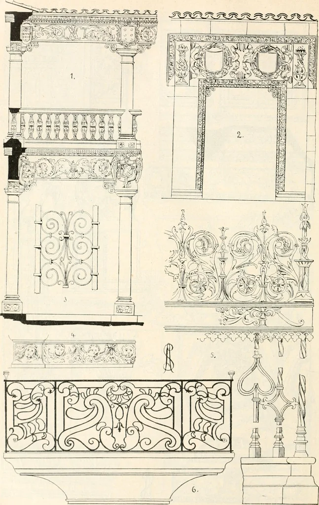 An illustration from Styles of ornament, exhibited in designs, and arranged in historical order, with descriptive text. A handbook for architects, designers, painters, sculptors, wood-carvers, chasers, modellers, cabinet-makers and artistic locksmiths as well as also for technical schools, libraries and private study, 1910, leaf 393