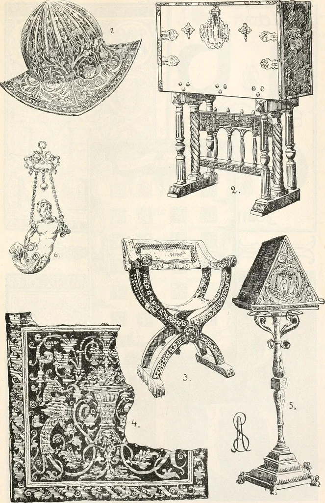 An illustration from Styles of ornament, exhibited in designs, and arranged in historical order, with descriptive text. A handbook for architects, designers, painters, sculptors, wood-carvers, chasers, modellers, cabinet-makers and artistic locksmiths as well as also for technical schools, libraries and private study, 1910, leaf 394