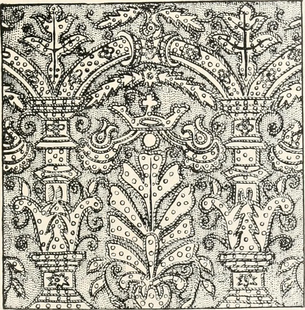 An illustration from Styles of ornament, exhibited in designs, and arranged in historical order, with descriptive text. A handbook for architects, designers, painters, sculptors, wood-carvers, chasers, modellers, cabinet-makers and artistic locksmiths as well as also for technical schools, libraries and private study, 1910, leaf 398
