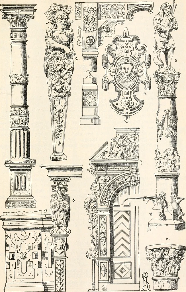 An illustration from Styles of ornament, exhibited in designs, and arranged in historical order, with descriptive text. A handbook for architects, designers, painters, sculptors, wood-carvers, chasers, modellers, cabinet-makers and artistic locksmiths as well as also for technical schools, libraries and private study, 1910, leaf 400
