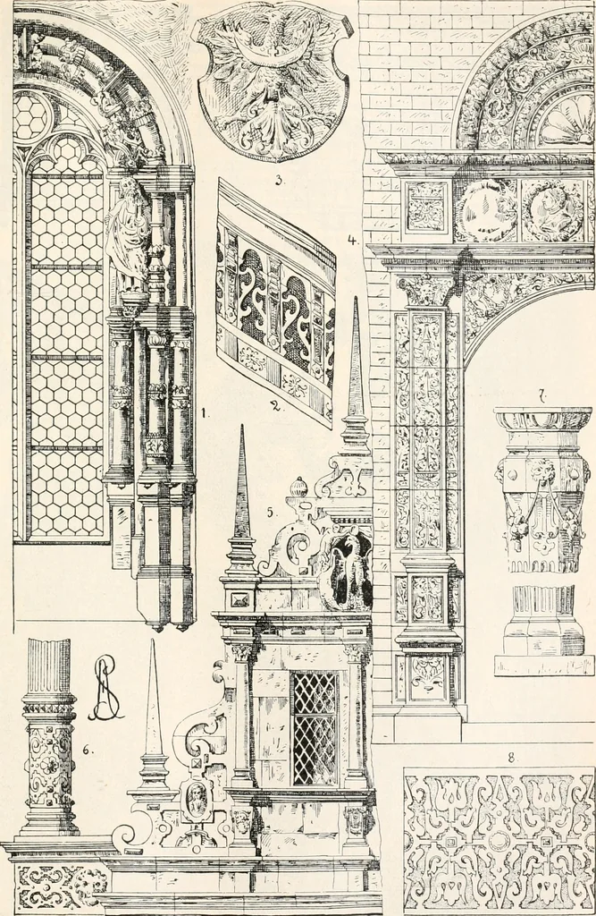 An illustration from Styles of ornament, exhibited in designs, and arranged in historical order, with descriptive text. A handbook for architects, designers, painters, sculptors, wood-carvers, chasers, modellers, cabinet-makers and artistic locksmiths as well as also for technical schools, libraries and private study, 1910, leaf 402