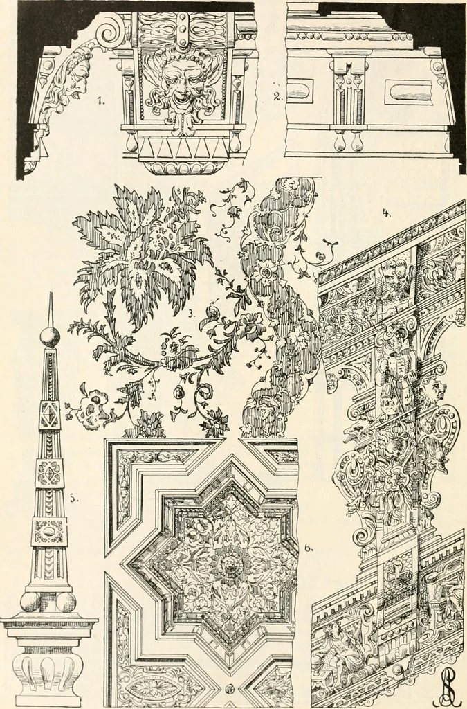 An illustration from Styles of ornament, exhibited in designs, and arranged in historical order, with descriptive text. A handbook for architects, designers, painters, sculptors, wood-carvers, chasers, modellers, cabinet-makers and artistic locksmiths as well as also for technical schools, libraries and private study, 1910, leaf 403