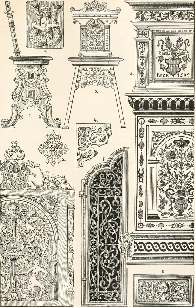 An illustration from Styles of ornament, exhibited in designs, and arranged in historical order, with descriptive text. A handbook for architects, designers, painters, sculptors, wood-carvers, chasers, modellers, cabinet-makers and artistic locksmiths as well as also for technical schools, libraries and private study, 1910, leaf 404
