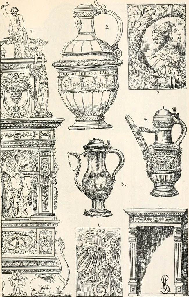An illustration from Styles of ornament, exhibited in designs, and arranged in historical order, with descriptive text. A handbook for architects, designers, painters, sculptors, wood-carvers, chasers, modellers, cabinet-makers and artistic locksmiths as well as also for technical schools, libraries and private study, 1910, leaf 406