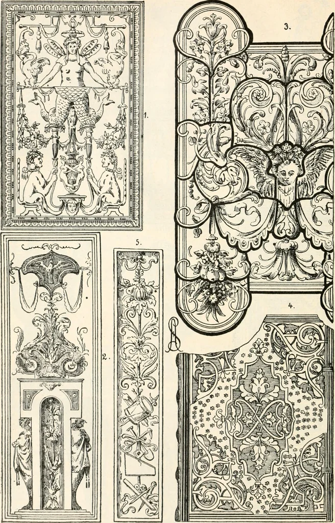 An illustration from Styles of ornament, exhibited in designs, and arranged in historical order, with descriptive text. A handbook for architects, designers, painters, sculptors, wood-carvers, chasers, modellers, cabinet-makers and artistic locksmiths as well as also for technical schools, libraries and private study, 1910, leaf 407