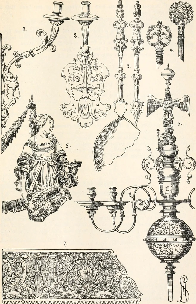 An illustration from Styles of ornament, exhibited in designs, and arranged in historical order, with descriptive text. A handbook for architects, designers, painters, sculptors, wood-carvers, chasers, modellers, cabinet-makers and artistic locksmiths as well as also for technical schools, libraries and private study, 1910, leaf 408
