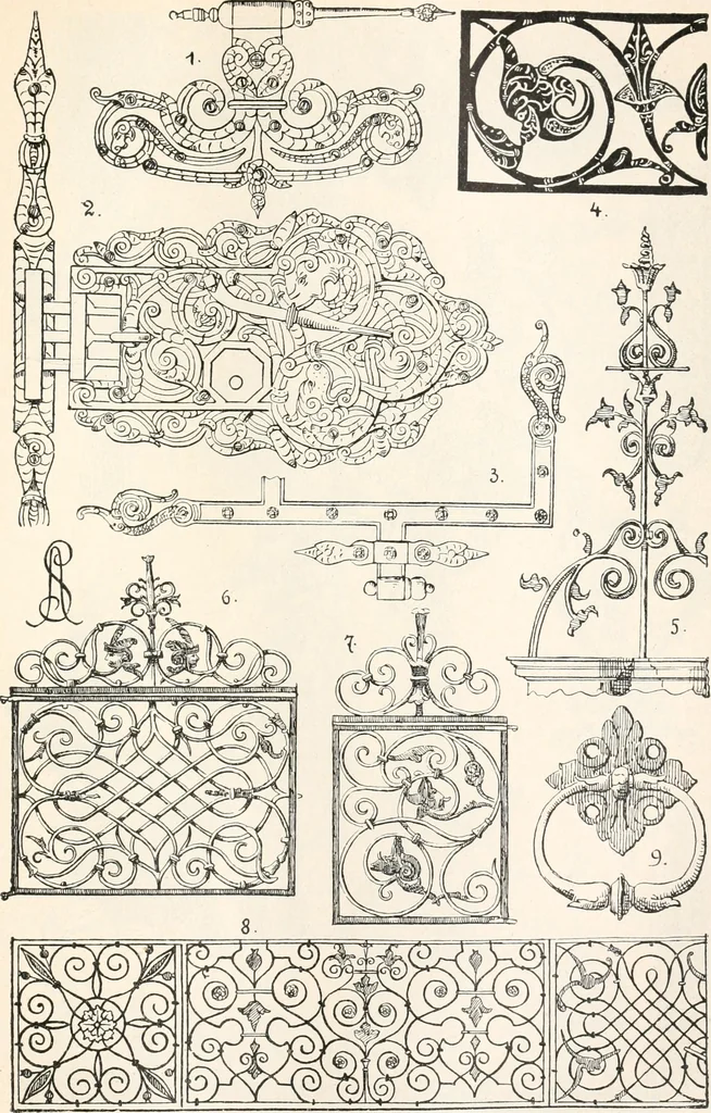 An illustration from Styles of ornament, exhibited in designs, and arranged in historical order, with descriptive text. A handbook for architects, designers, painters, sculptors, wood-carvers, chasers, modellers, cabinet-makers and artistic locksmiths as well as also for technical schools, libraries and private study, 1910, leaf 410