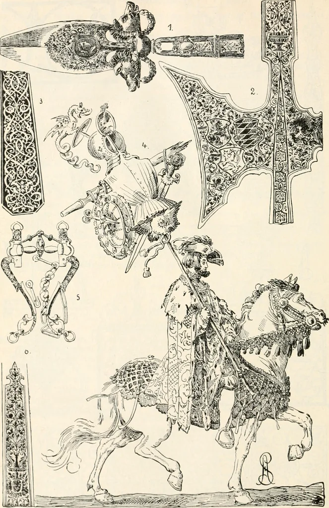 An illustration from Styles of ornament, exhibited in designs, and arranged in historical order, with descriptive text. A handbook for architects, designers, painters, sculptors, wood-carvers, chasers, modellers, cabinet-makers and artistic locksmiths as well as also for technical schools, libraries and private study, 1910, leaf 411