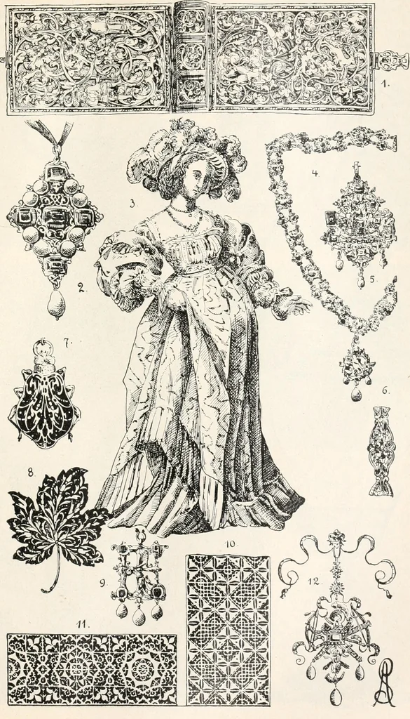 An illustration from Styles of ornament, exhibited in designs, and arranged in historical order, with descriptive text. A handbook for architects, designers, painters, sculptors, wood-carvers, chasers, modellers, cabinet-makers and artistic locksmiths as well as also for technical schools, libraries and private study, 1910, leaf 412
