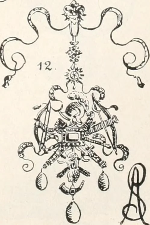 An illustration from Styles of ornament, exhibited in designs, and arranged in historical order, with descriptive text. A handbook for architects, designers, painters, sculptors, wood-carvers, chasers, modellers, cabinet-makers and artistic locksmiths as well as also for technical schools, libraries and private study, 1910, leaf 412