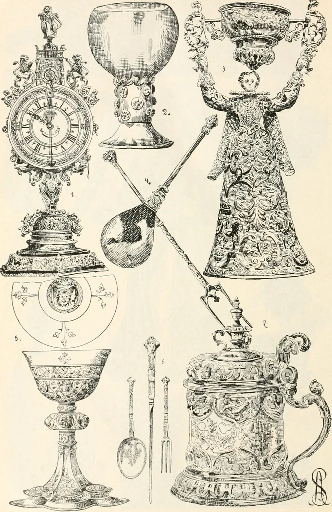 An illustration from Styles of ornament, exhibited in designs, and arranged in historical order, with descriptive text. A handbook for architects, designers, painters, sculptors, wood-carvers, chasers, modellers, cabinet-makers and artistic locksmiths as well as also for technical schools, libraries and private study, 1910, leaf 413