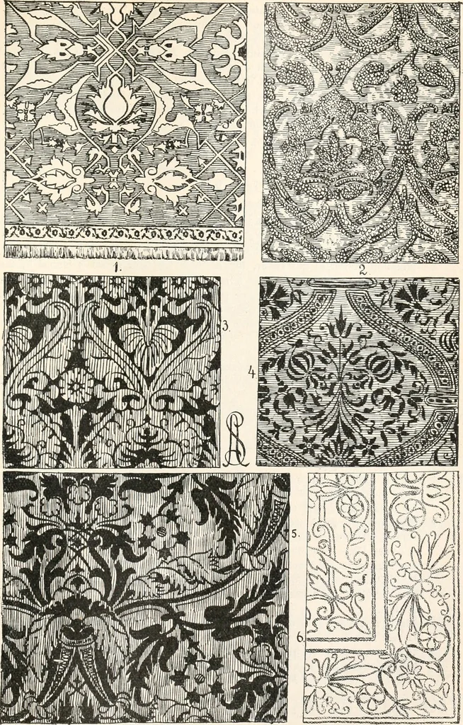 An illustration from Styles of ornament, exhibited in designs, and arranged in historical order, with descriptive text. A handbook for architects, designers, painters, sculptors, wood-carvers, chasers, modellers, cabinet-makers and artistic locksmiths as well as also for technical schools, libraries and private study, 1910, leaf 414