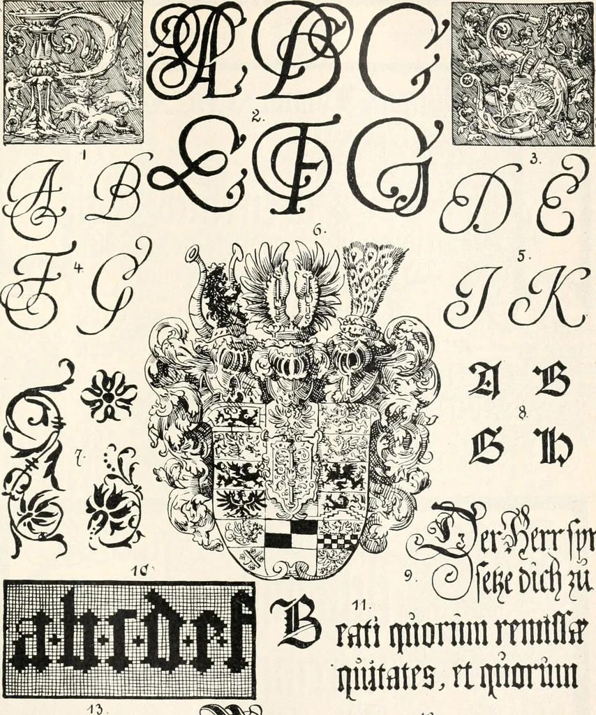 An illustration from Styles of ornament, exhibited in designs, and arranged in historical order, with descriptive text. A handbook for architects, designers, painters, sculptors, wood-carvers, chasers, modellers, cabinet-makers and artistic locksmiths as well as also for technical schools, libraries and private study, 1910, leaf 416