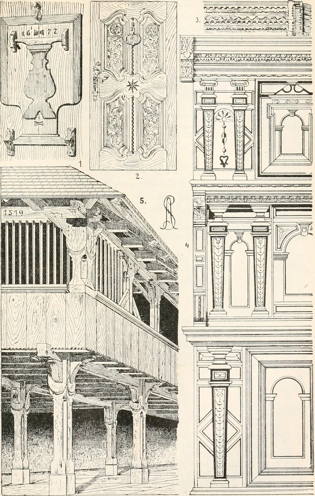 An illustration from Styles of ornament, exhibited in designs, and arranged in historical order, with descriptive text. A handbook for architects, designers, painters, sculptors, wood-carvers, chasers, modellers, cabinet-makers and artistic locksmiths as well as also for technical schools, libraries and private study, 1910, leaf 418