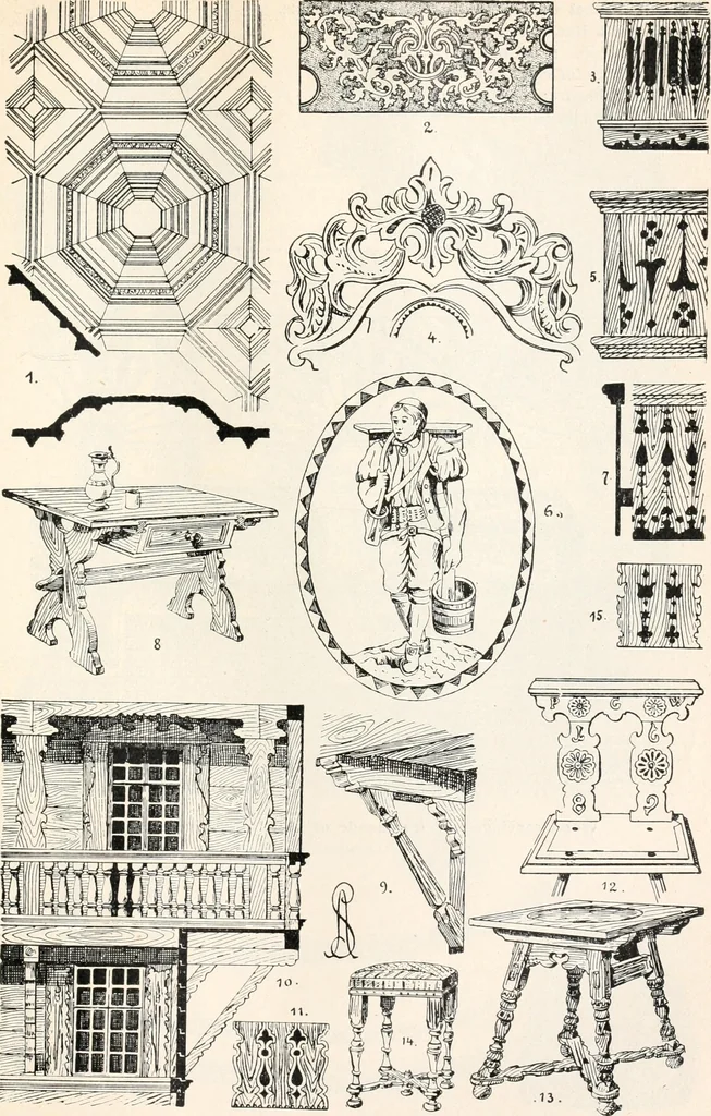 An illustration from Styles of ornament, exhibited in designs, and arranged in historical order, with descriptive text. A handbook for architects, designers, painters, sculptors, wood-carvers, chasers, modellers, cabinet-makers and artistic locksmiths as well as also for technical schools, libraries and private study, 1910, leaf 420