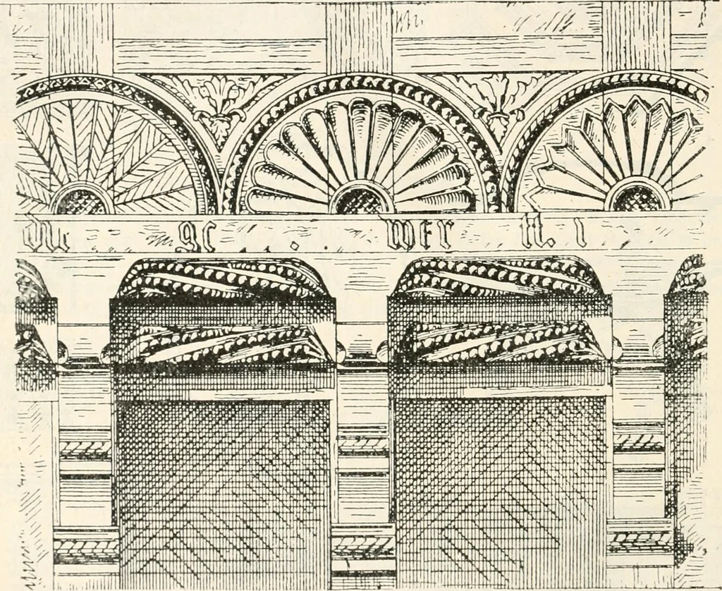 An illustration from Styles of ornament, exhibited in designs, and arranged in historical order, with descriptive text. A handbook for architects, designers, painters, sculptors, wood-carvers, chasers, modellers, cabinet-makers and artistic locksmiths as well as also for technical schools, libraries and private study, 1910, leaf 421