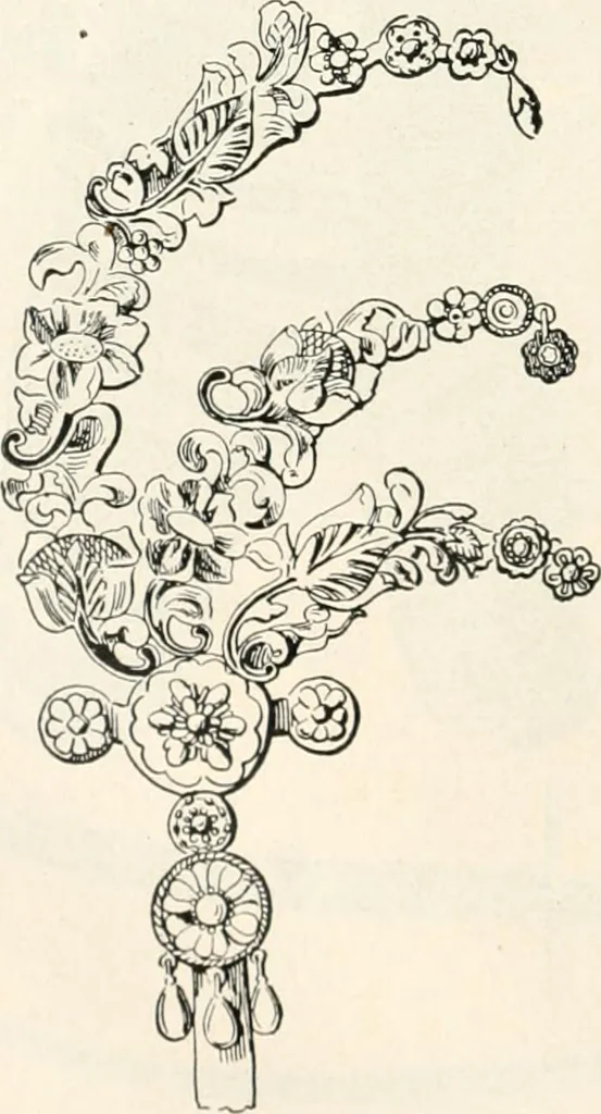 An illustration from Styles of ornament, exhibited in designs, and arranged in historical order, with descriptive text. A handbook for architects, designers, painters, sculptors, wood-carvers, chasers, modellers, cabinet-makers and artistic locksmiths as well as also for technical schools, libraries and private study, 1910, leaf 423