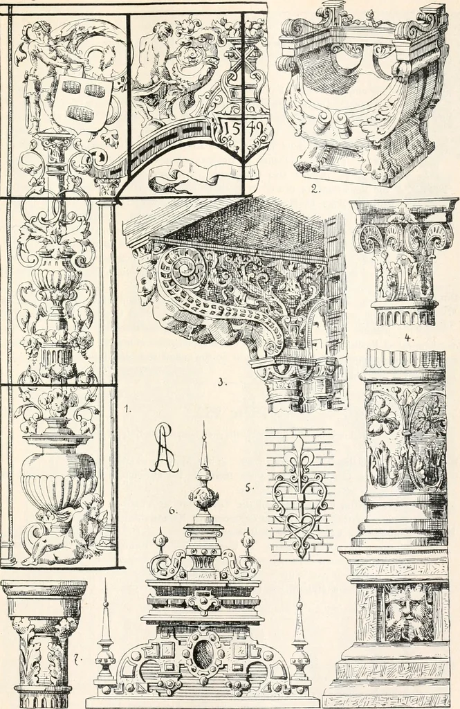 An illustration from Styles of ornament, exhibited in designs, and arranged in historical order, with descriptive text. A handbook for architects, designers, painters, sculptors, wood-carvers, chasers, modellers, cabinet-makers and artistic locksmiths as well as also for technical schools, libraries and private study, 1910, leaf 424