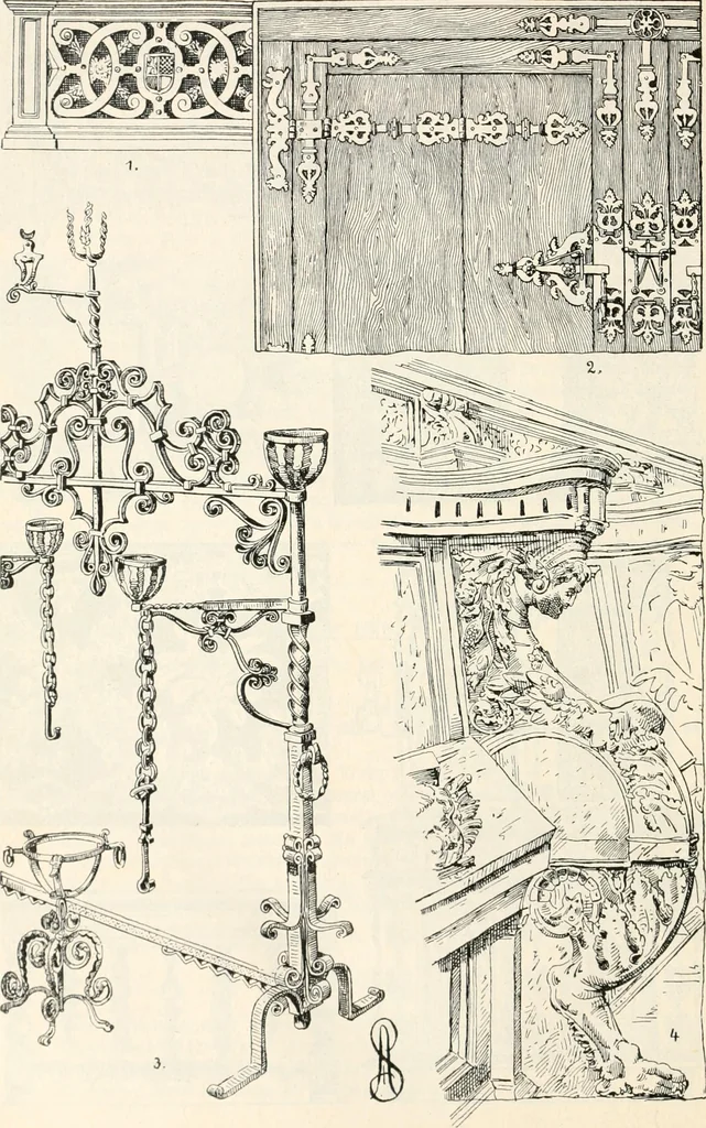 An illustration from Styles of ornament, exhibited in designs, and arranged in historical order, with descriptive text. A handbook for architects, designers, painters, sculptors, wood-carvers, chasers, modellers, cabinet-makers and artistic locksmiths as well as also for technical schools, libraries and private study, 1910, leaf 427