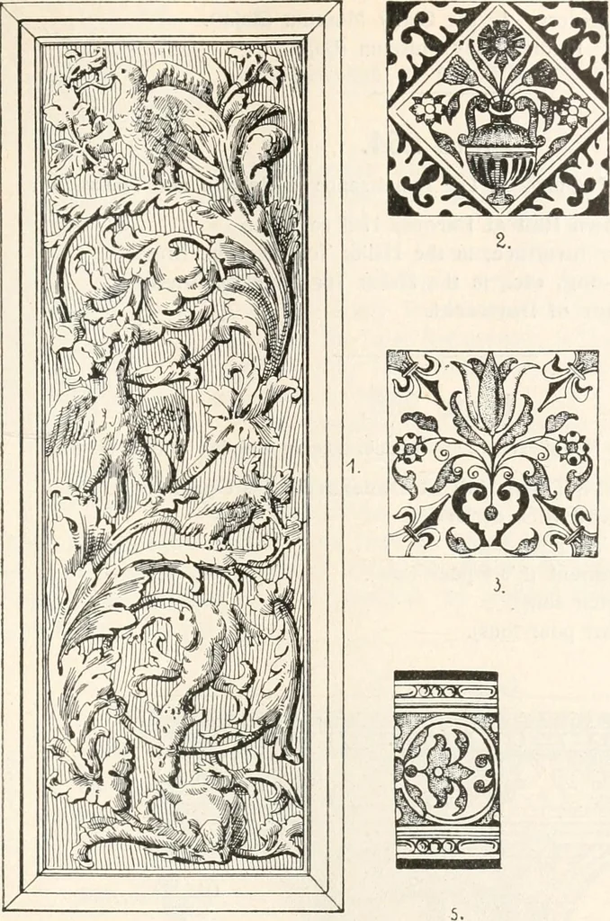 An illustration from Styles of ornament, exhibited in designs, and arranged in historical order, with descriptive text. A handbook for architects, designers, painters, sculptors, wood-carvers, chasers, modellers, cabinet-makers and artistic locksmiths as well as also for technical schools, libraries and private study, 1910, leaf 428
