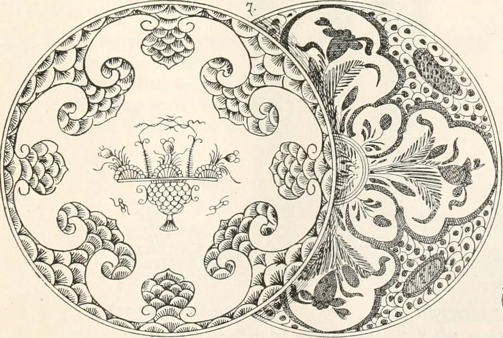 An illustration from Styles of ornament, exhibited in designs, and arranged in historical order, with descriptive text. A handbook for architects, designers, painters, sculptors, wood-carvers, chasers, modellers, cabinet-makers and artistic locksmiths as well as also for technical schools, libraries and private study, 1910, leaf 428
