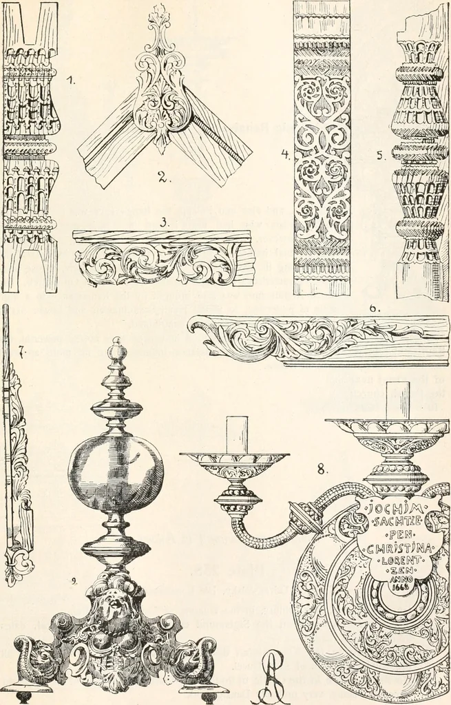 An illustration from Styles of ornament, exhibited in designs, and arranged in historical order, with descriptive text. A handbook for architects, designers, painters, sculptors, wood-carvers, chasers, modellers, cabinet-makers and artistic locksmiths as well as also for technical schools, libraries and private study, 1910, leaf 432