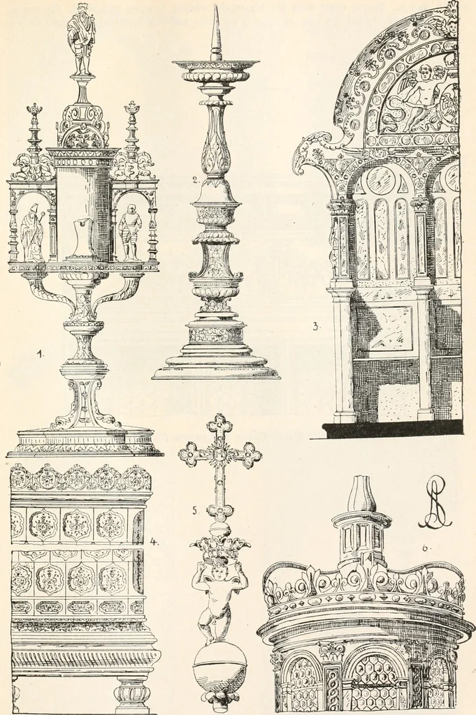 An illustration from Styles of ornament, exhibited in designs, and arranged in historical order, with descriptive text. A handbook for architects, designers, painters, sculptors, wood-carvers, chasers, modellers, cabinet-makers and artistic locksmiths as well as also for technical schools, libraries and private study, 1910, leaf 434