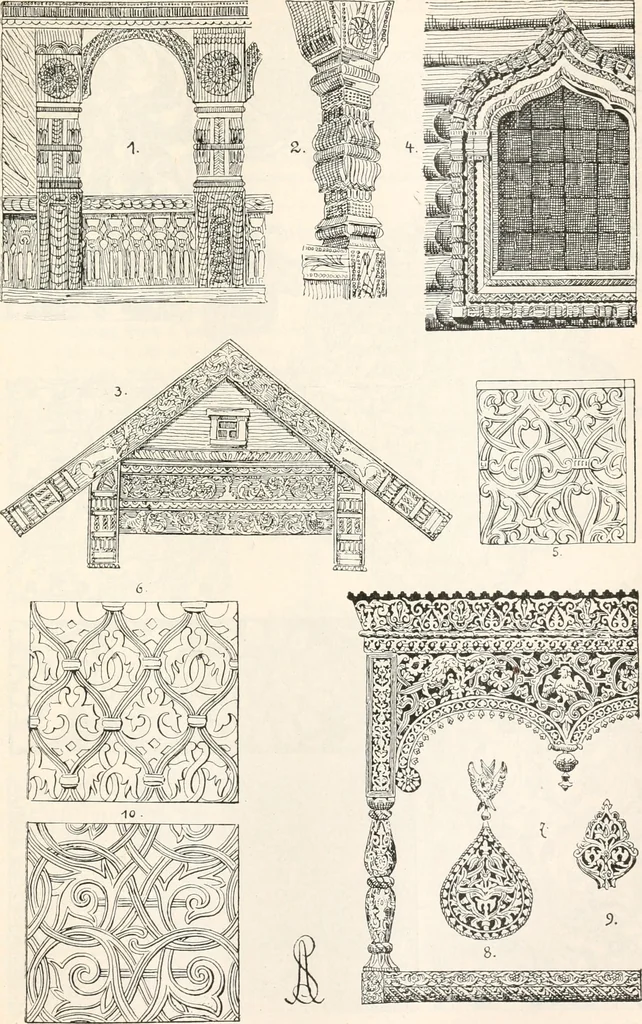 An illustration from Styles of ornament, exhibited in designs, and arranged in historical order, with descriptive text. A handbook for architects, designers, painters, sculptors, wood-carvers, chasers, modellers, cabinet-makers and artistic locksmiths as well as also for technical schools, libraries and private study, 1910, leaf 436