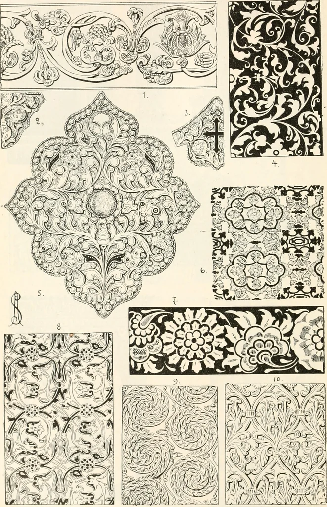 An illustration from Styles of ornament, exhibited in designs, and arranged in historical order, with descriptive text. A handbook for architects, designers, painters, sculptors, wood-carvers, chasers, modellers, cabinet-makers and artistic locksmiths as well as also for technical schools, libraries and private study, 1910, leaf 437