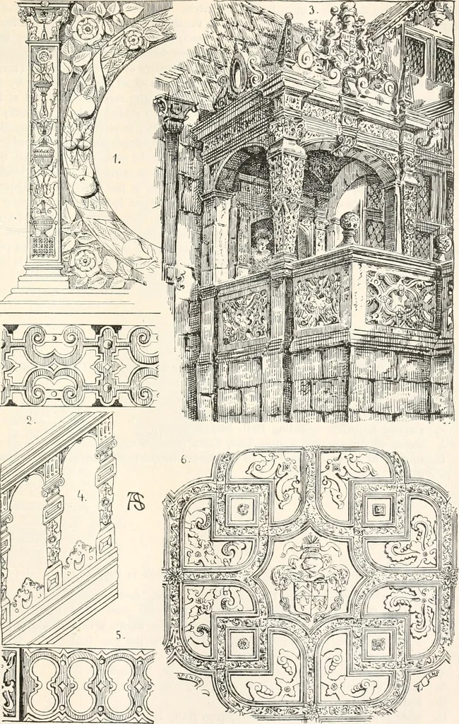 An illustration from Styles of ornament, exhibited in designs, and arranged in historical order, with descriptive text. A handbook for architects, designers, painters, sculptors, wood-carvers, chasers, modellers, cabinet-makers and artistic locksmiths as well as also for technical schools, libraries and private study, 1910, leaf 440