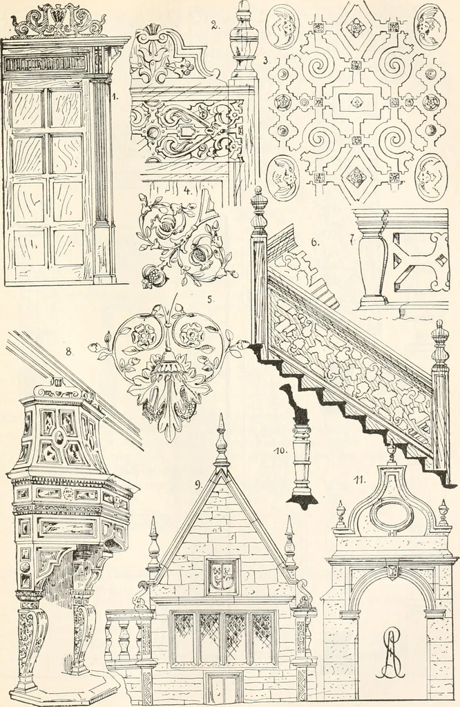 An illustration from Styles of ornament, exhibited in designs, and arranged in historical order, with descriptive text. A handbook for architects, designers, painters, sculptors, wood-carvers, chasers, modellers, cabinet-makers and artistic locksmiths as well as also for technical schools, libraries and private study, 1910, leaf 442