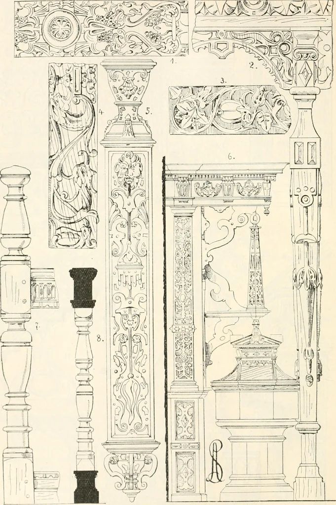 An illustration from Styles of ornament, exhibited in designs, and arranged in historical order, with descriptive text. A handbook for architects, designers, painters, sculptors, wood-carvers, chasers, modellers, cabinet-makers and artistic locksmiths as well as also for technical schools, libraries and private study, 1910, leaf 443