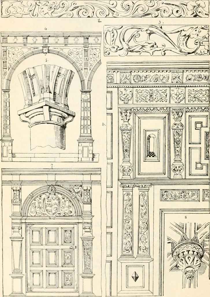 An illustration from Styles of ornament, exhibited in designs, and arranged in historical order, with descriptive text. A handbook for architects, designers, painters, sculptors, wood-carvers, chasers, modellers, cabinet-makers and artistic locksmiths as well as also for technical schools, libraries and private study, 1910, leaf 445