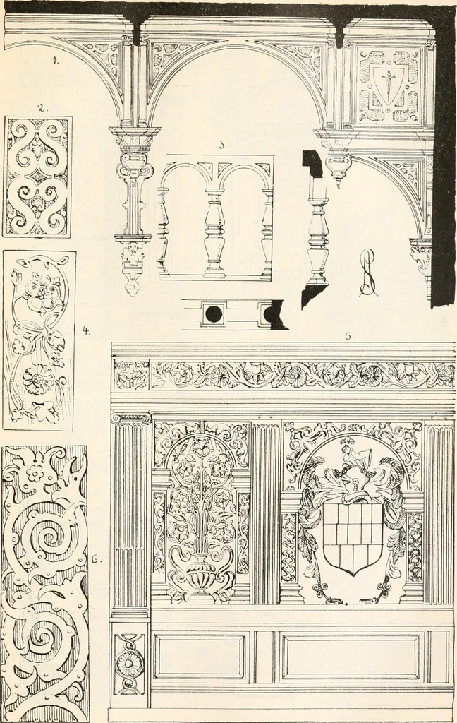 An illustration from Styles of ornament, exhibited in designs, and arranged in historical order, with descriptive text. A handbook for architects, designers, painters, sculptors, wood-carvers, chasers, modellers, cabinet-makers and artistic locksmiths as well as also for technical schools, libraries and private study, 1910, leaf 446