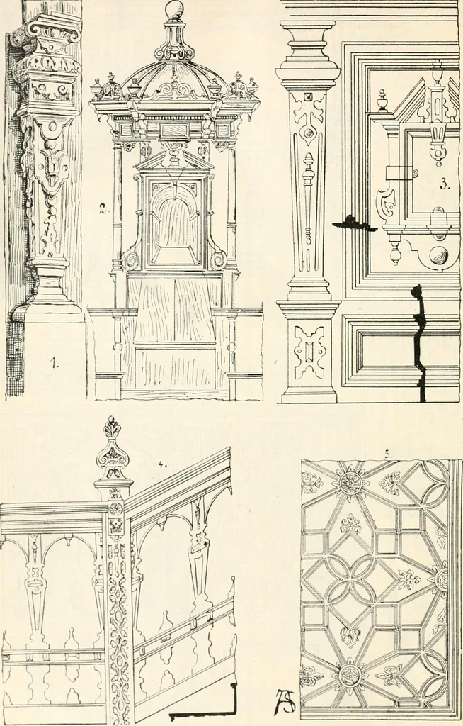 An illustration from Styles of ornament, exhibited in designs, and arranged in historical order, with descriptive text. A handbook for architects, designers, painters, sculptors, wood-carvers, chasers, modellers, cabinet-makers and artistic locksmiths as well as also for technical schools, libraries and private study, 1910, leaf 447