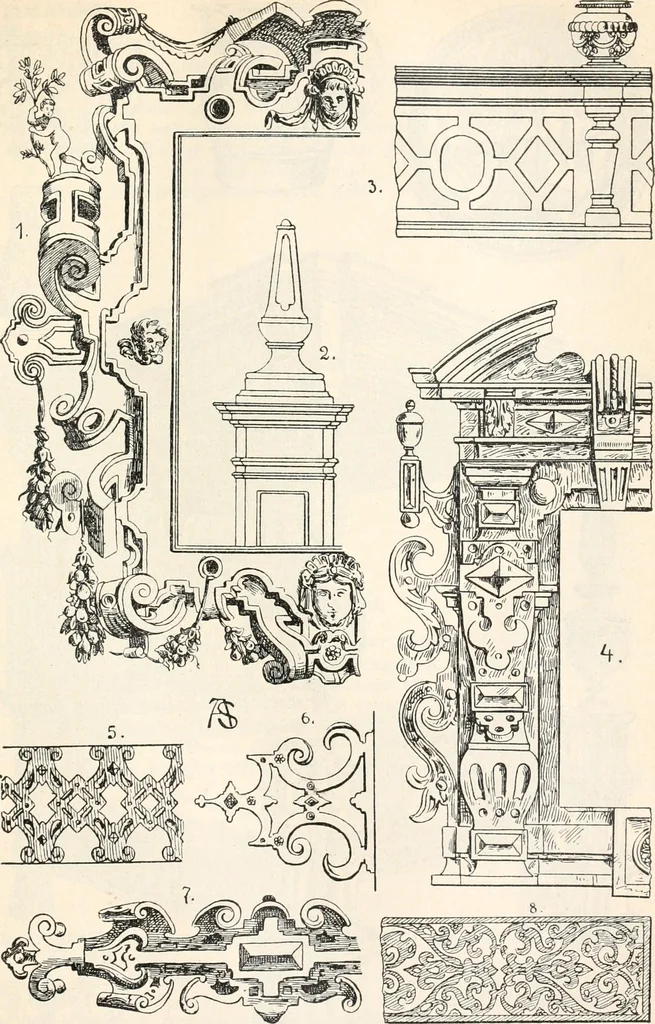 An illustration from Styles of ornament, exhibited in designs, and arranged in historical order, with descriptive text. A handbook for architects, designers, painters, sculptors, wood-carvers, chasers, modellers, cabinet-makers and artistic locksmiths as well as also for technical schools, libraries and private study, 1910, leaf 448