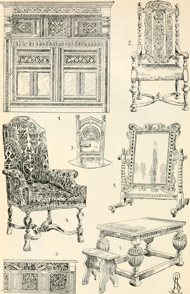 An illustration from Styles of ornament, exhibited in designs, and arranged in historical order, with descriptive text. A handbook for architects, designers, painters, sculptors, wood-carvers, chasers, modellers, cabinet-makers and artistic locksmiths as well as also for technical schools, libraries and private study, 1910, leaf 451