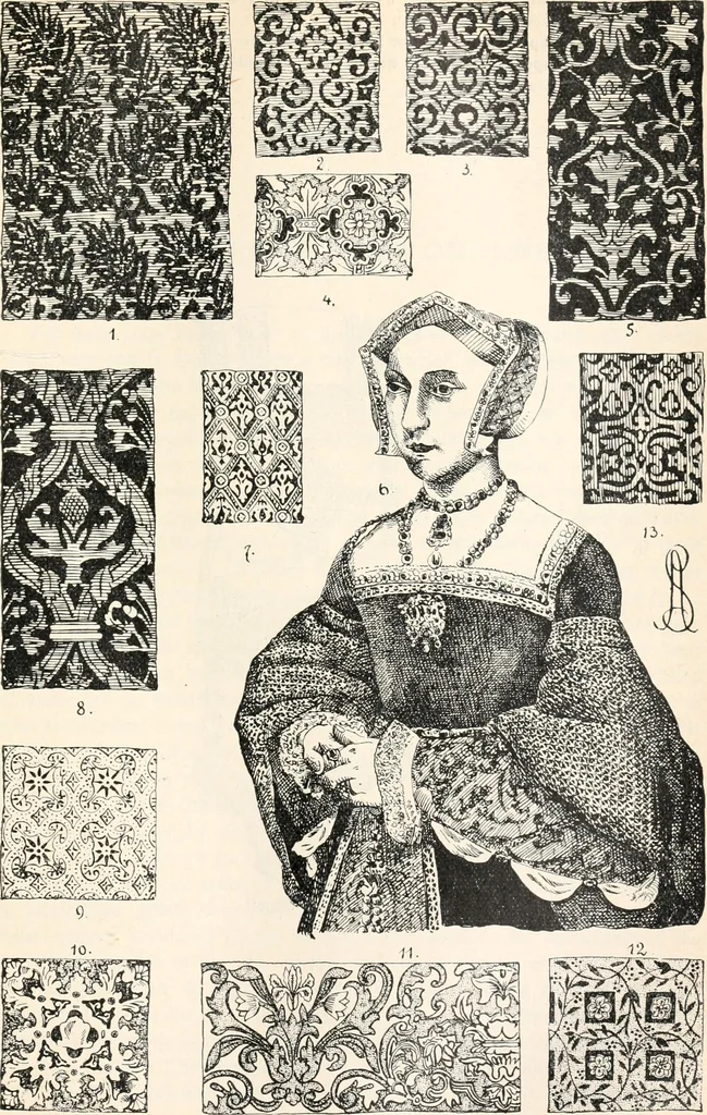 An illustration from Styles of ornament, exhibited in designs, and arranged in historical order, with descriptive text. A handbook for architects, designers, painters, sculptors, wood-carvers, chasers, modellers, cabinet-makers and artistic locksmiths as well as also for technical schools, libraries and private study, 1910, leaf 452