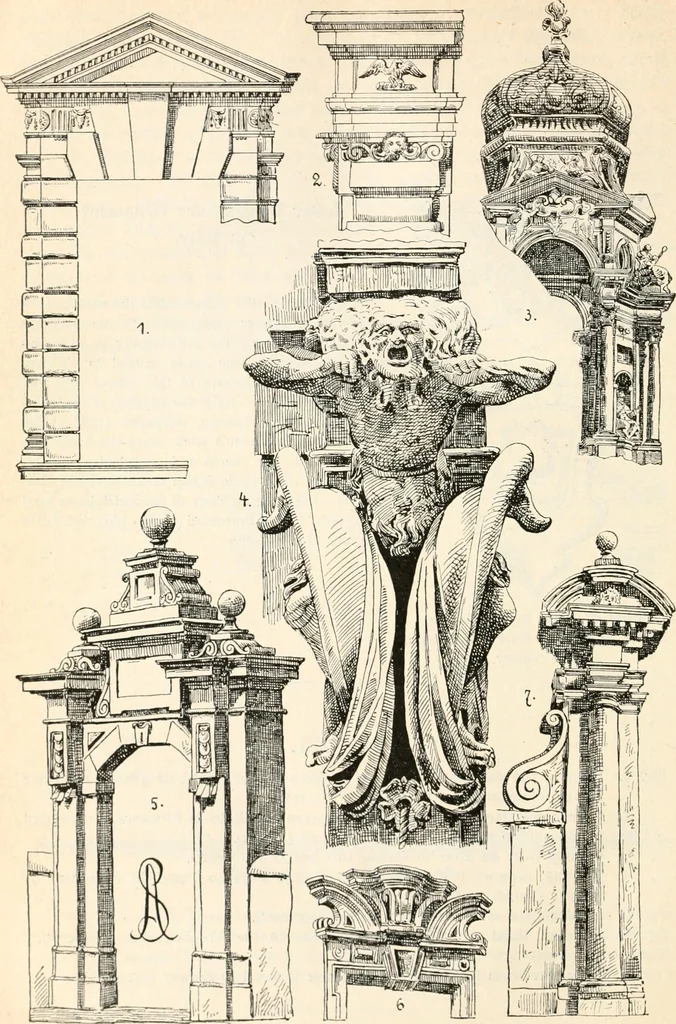 An illustration from Styles of ornament, exhibited in designs, and arranged in historical order, with descriptive text. A handbook for architects, designers, painters, sculptors, wood-carvers, chasers, modellers, cabinet-makers and artistic locksmiths as well as also for technical schools, libraries and private study, 1910, leaf 457
