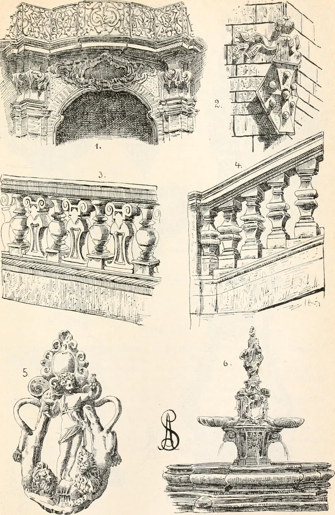 An illustration from Styles of ornament, exhibited in designs, and arranged in historical order, with descriptive text. A handbook for architects, designers, painters, sculptors, wood-carvers, chasers, modellers, cabinet-makers and artistic locksmiths as well as also for technical schools, libraries and private study, 1910, leaf 458