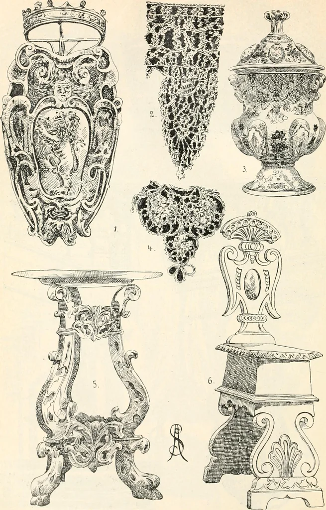 An illustration from Styles of ornament, exhibited in designs, and arranged in historical order, with descriptive text. A handbook for architects, designers, painters, sculptors, wood-carvers, chasers, modellers, cabinet-makers and artistic locksmiths as well as also for technical schools, libraries and private study, 1910, leaf 459