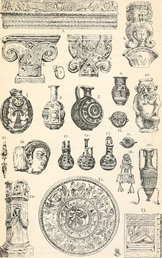 An illustration from Styles of ornament, exhibited in designs, and arranged in historical order, with descriptive text. A handbook for architects, designers, painters, sculptors, wood-carvers, chasers, modellers, cabinet-makers and artistic locksmiths as well as also for technical schools, libraries and private study, 1910, leaf 46