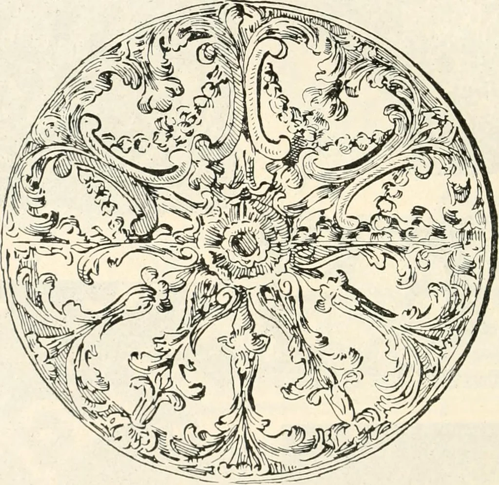 An illustration from Styles of ornament, exhibited in designs, and arranged in historical order, with descriptive text. A handbook for architects, designers, painters, sculptors, wood-carvers, chasers, modellers, cabinet-makers and artistic locksmiths as well as also for technical schools, libraries and private study, 1910, leaf 463